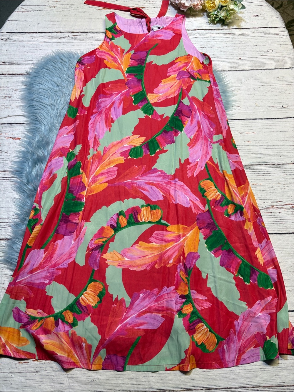 Chico's Red Floral Pink, Orange & Green Accents Sleeveless Midi Dress sz 4